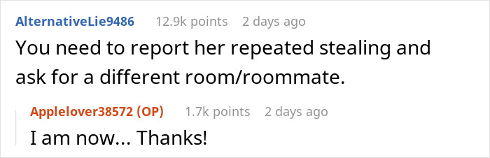 Screenshot of a Reddit conversation about a serial food thief with peanut allergy stealing a roommate’s dinner and ending in the ER. Screenshot of a Reddit conversation about a serial food thief with peanut allergy stealing a roommate’s dinner and ending in the ER.