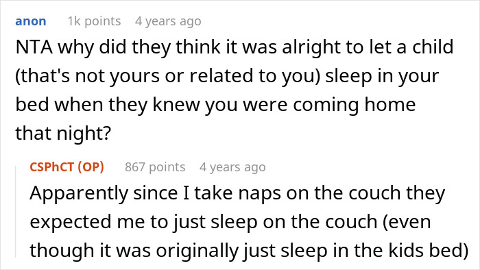 Screenshot of a Reddit conversation about a guy letting his girlfriend’s kid sleep in a roommate’s bed, causing conflict. Screenshot of a Reddit conversation about a guy letting his girlfriend’s kid sleep in a roommate’s bed, causing conflict.