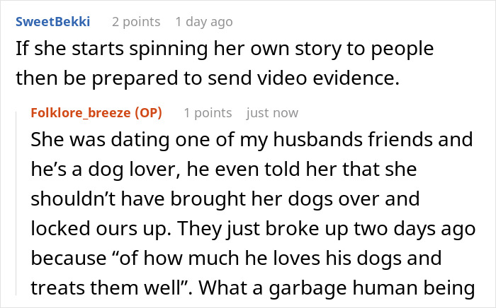 Screenshot of a Reddit conversation discussing a friend locking up dogs while her own roam free. Screenshot of a Reddit conversation discussing a friend locking up dogs while her own roam free.
