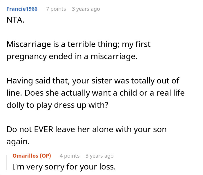 Reddit comment discussing miscarriage and a sister enforcing strict gender roles on a child, warning against leaving son alone with her. Reddit comment discussing miscarriage and a sister enforcing strict gender roles on a child, warning against leaving son alone with her.
