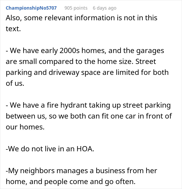 Text post explaining limited street parking and driveway space causes neighbor upset over nanny parking in front of home. Text post explaining limited street parking and driveway space causes neighbor upset over nanny parking in front of home.