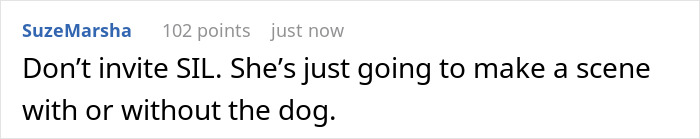 Comment about refusing SIL’s service dog at a wedding, warning she might cause a scene with or without the dog.