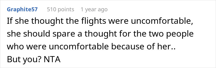Comment discussing flight discomfort caused by an obese friend and suggesting buying two seats for comfort on flight. Comment discussing flight discomfort caused by an obese friend and suggesting buying two seats for comfort on flight.