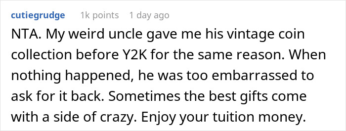 Comment about vintage coin gift before Y2K with side of crazy, mentioning enjoyment of tuition money and Christian rapture money dollars. Comment about vintage coin gift before Y2K with side of crazy, mentioning enjoyment of tuition money and Christian rapture money dollars.