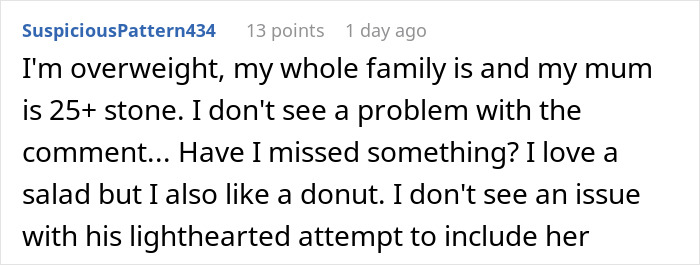 Reddit user discusses body-shaming comment and shares personal views on weight and food preferences in online conversation. Reddit user discusses body-shaming comment and shares personal views on weight and food preferences in online conversation.