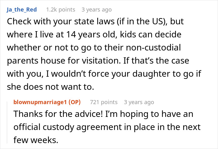 Reddit user advising about state laws on child visitation rights and custody agreements in a family discussion thread. Reddit user advising about state laws on child visitation rights and custody agreements in a family discussion thread.