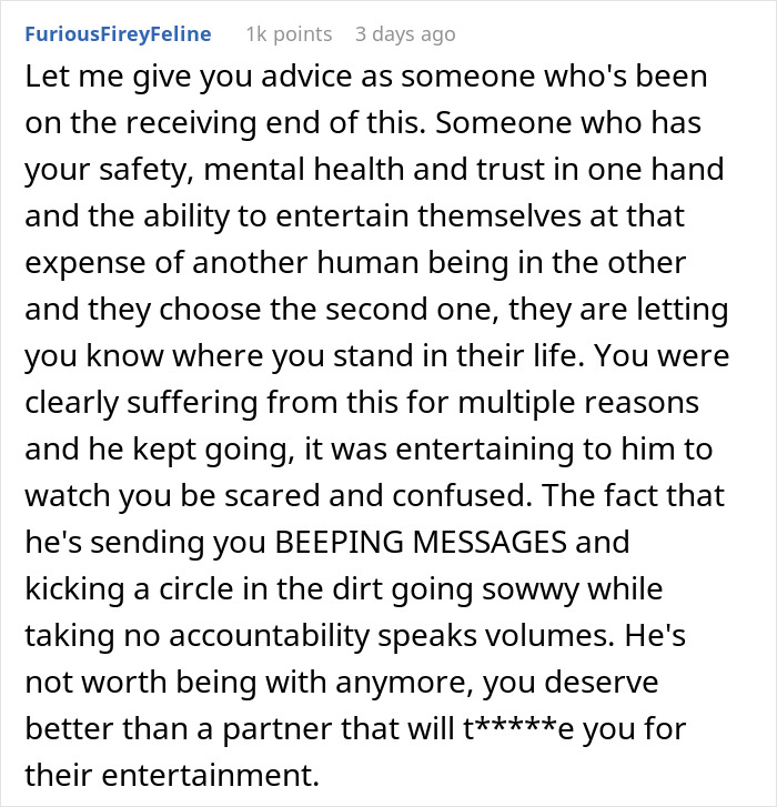 User comment discussing the impact of hidden device prank on woman’s mental health and trust in relationship. User comment discussing the impact of hidden device prank on woman’s mental health and trust in relationship.