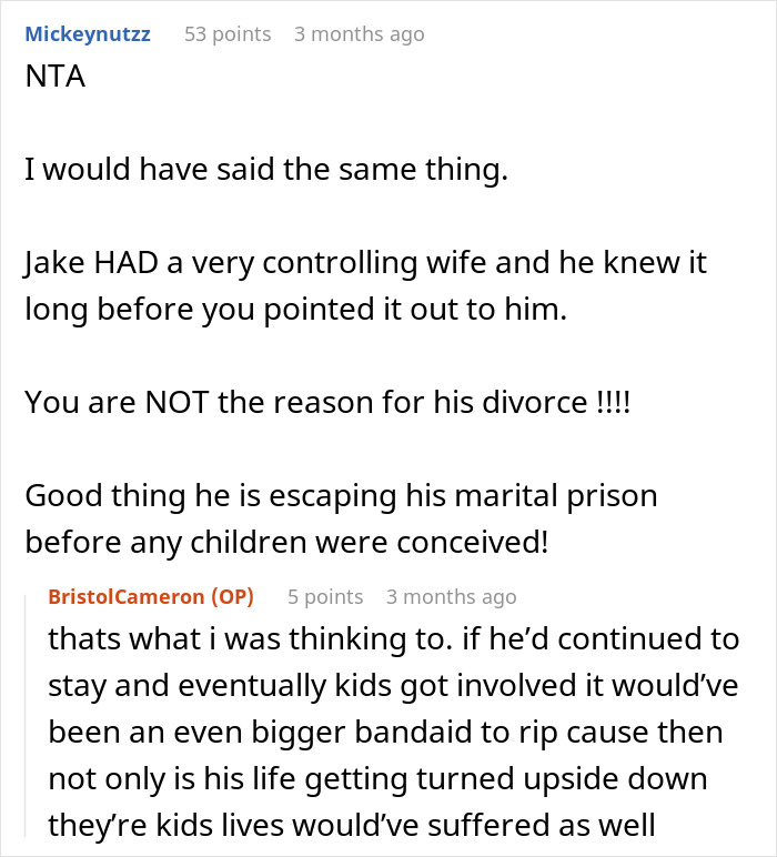 Online forum discussion about a 23-year-old confronting married coworker over controlling wife and impending divorce.