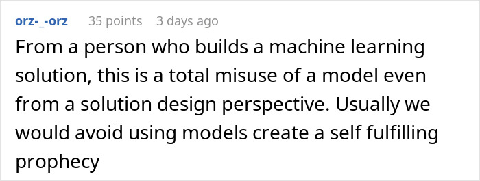 Comment discussing misuse of machine learning models and solutions, highlighting concerns about corporate spying on staff.