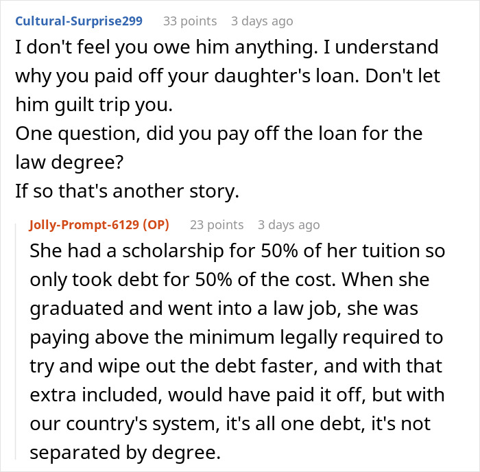 Online discussion about paying off daughter student loans and managing debt from law school tuition and job earnings. Online discussion about paying off daughter student loans and managing debt from law school tuition and job earnings.