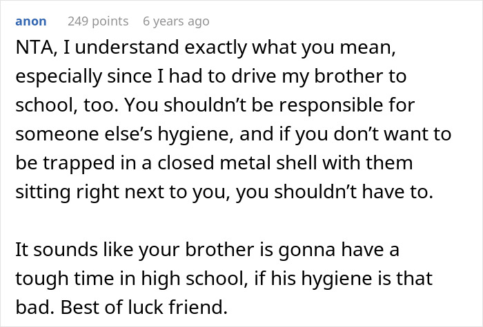 Screenshot of a forum comment discussing hygiene checklist for brother before school drives and related parental views. Screenshot of a forum comment discussing hygiene checklist for brother before school drives and related parental views.