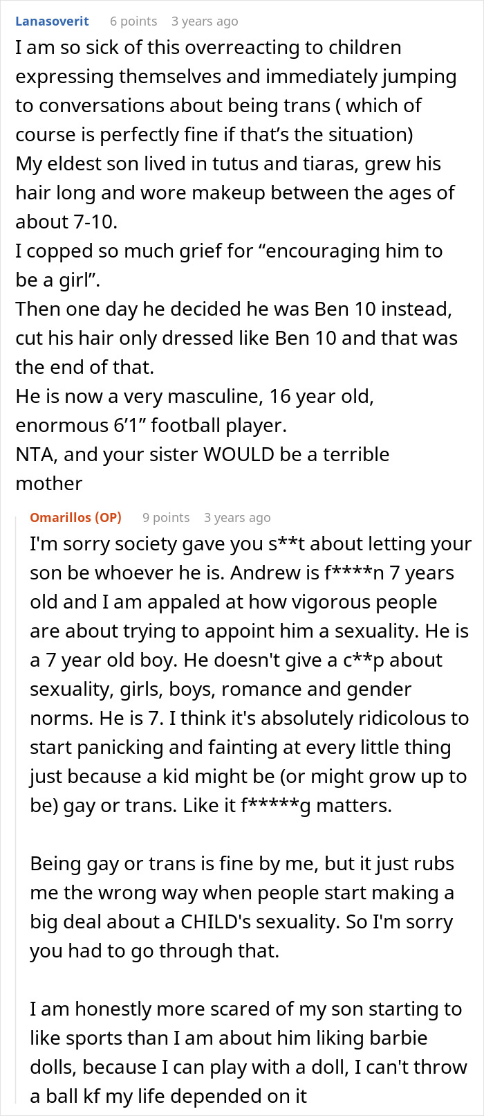 Reddit comments discussing gender roles imposed on kids and a sibling saying sister would be an awful mom. Reddit comments discussing gender roles imposed on kids and a sibling saying sister would be an awful mom.