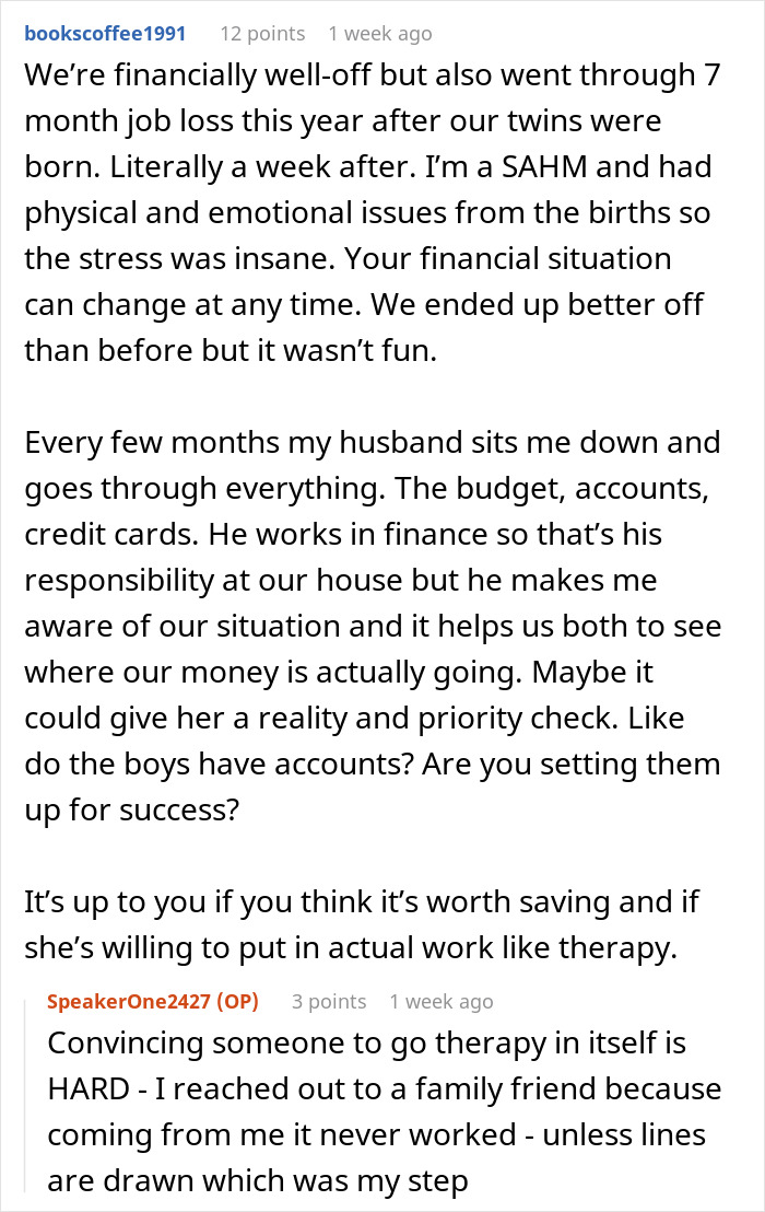 Comment discussing financial struggles and therapy advice related to a wife-turned-mean-once-got-money situation. Comment discussing financial struggles and therapy advice related to a wife-turned-mean-once-got-money situation.