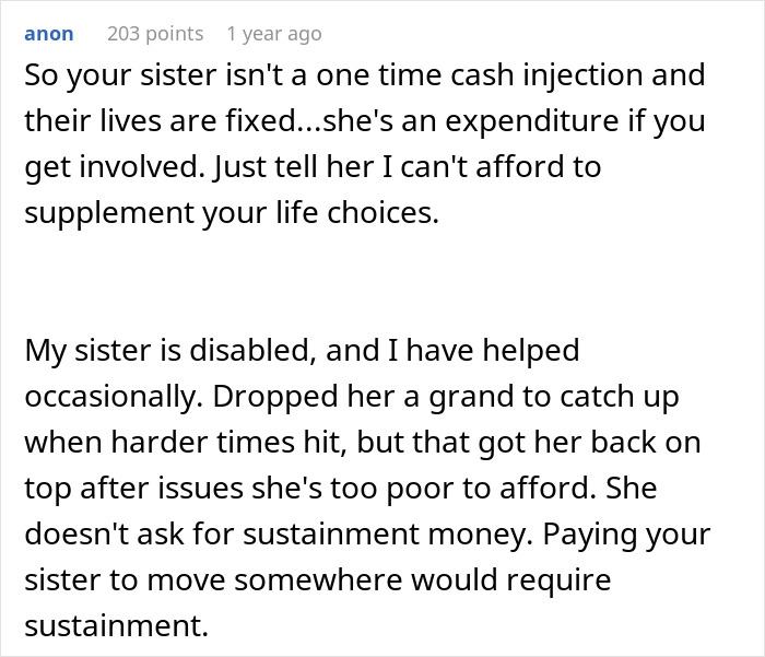 Commenter explains rejecting sister's money requests while sibling posts Ibiza pics, sparking family tension over finances.