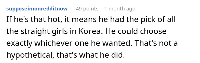 Screenshot of a Reddit comment about a model boyfriend being highly desired and out of his girlfriend’s league. Screenshot of a Reddit comment about a model boyfriend being highly desired and out of his girlfriend’s league.