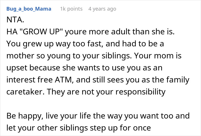 Comment explaining how take care siblings refuse support mother, highlighting family caretaker burden and personal boundaries. Comment explaining how take care siblings refuse support mother, highlighting family caretaker burden and personal boundaries.