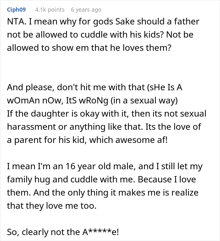 Reddit comment defending a father cuddling his 15-year-old daughter amid in-laws’ accusations of crossing limits. Reddit comment defending a father cuddling his 15-year-old daughter amid in-laws’ accusations of crossing limits.