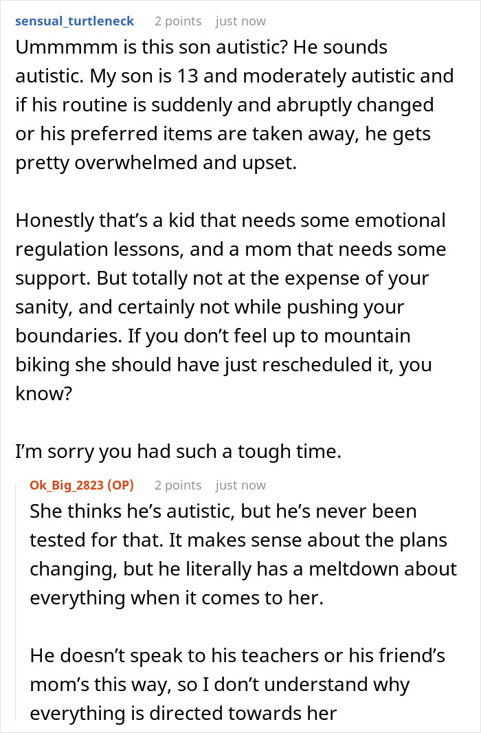Screenshot of an online discussion about a man walking out while his girlfriend’s son has a meltdown over mountain biking at 6:30 a.m. Screenshot of an online discussion about a man walking out while his girlfriend’s son has a meltdown over mountain biking at 6:30 a.m.
