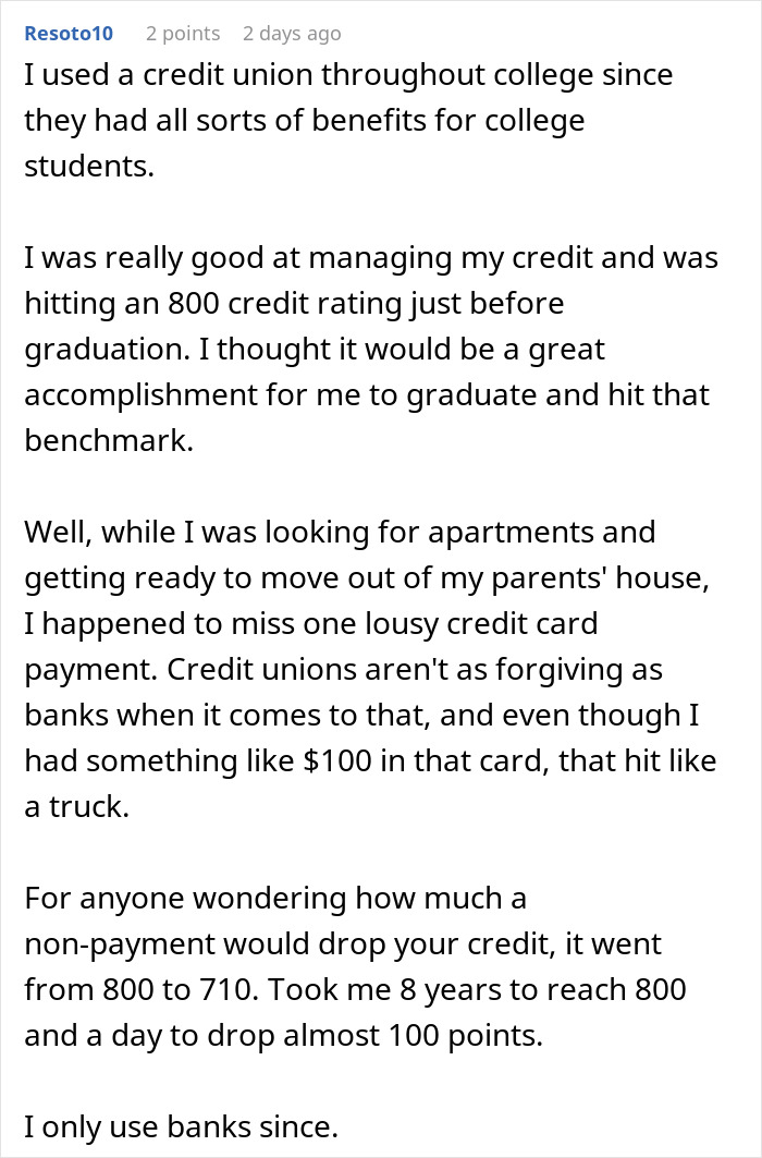 User comment discussing credit management and how a missed payment impacted credit, reflecting on banks and credit unions. User comment discussing credit management and how a missed payment impacted credit, reflecting on banks and credit unions.