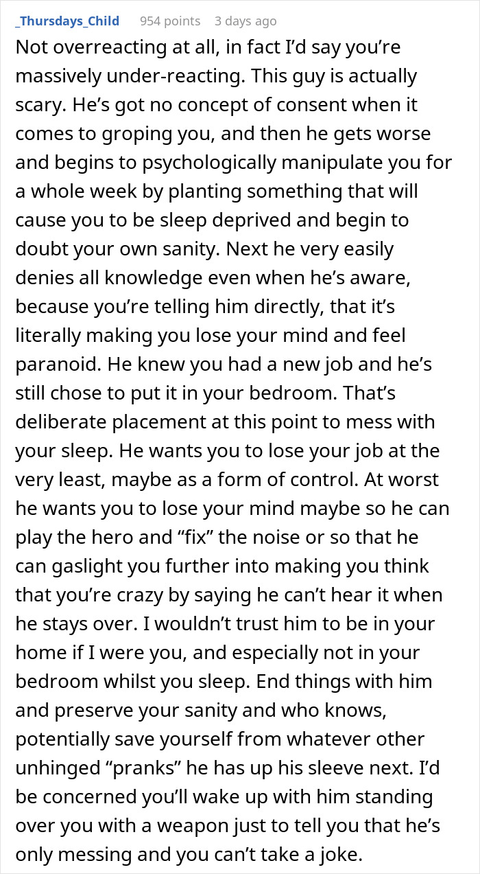 Comment detailing psychological manipulation after woman finds hidden device planted by boyfriend in closet prank. Comment detailing psychological manipulation after woman finds hidden device planted by boyfriend in closet prank.