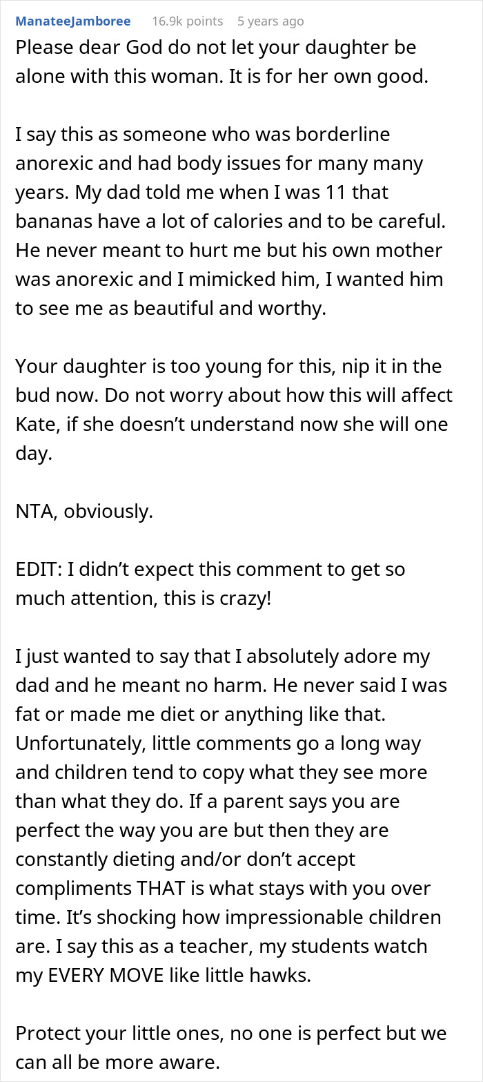 Text from a user sharing experiences with eating disorders and warning about children copying harmful comments and behaviors.
