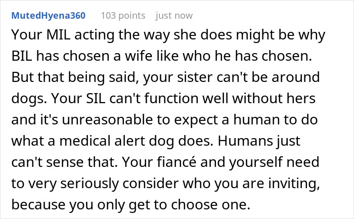 Comment discussing tensions over refusing sister-in-law’s service dog at a bride’s wedding event.