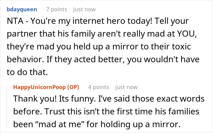 Screenshot of a Reddit conversation where a lady is defended for standing up against a rude hubby in the family. Screenshot of a Reddit conversation where a lady is defended for standing up against a rude hubby in the family.