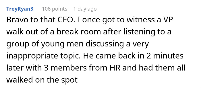 Comment praising CFO for immediate firing of employees over inappropriate body-shaming remarks in a corporate setting. Comment praising CFO for immediate firing of employees over inappropriate body-shaming remarks in a corporate setting.