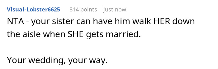Screenshot of a Reddit comment discussing a bride refusing to let mom's hubby walk her down the aisle.