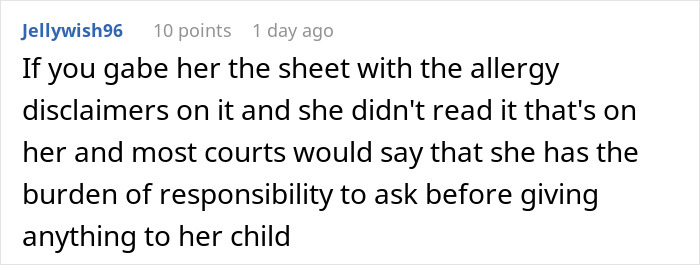 Comment discussing responsibility in a case where a kid with nut allergy grabs a sample and a worker is blamed.