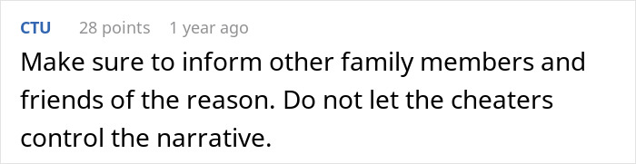Text post about informing family and friends to avoid cheaters controlling the narrative, relating to a woman’s world crumbling after husband's dark secret.
