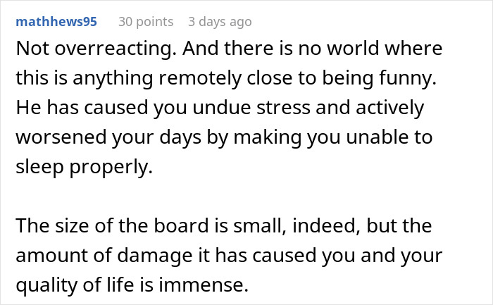 Commenter discussing stress caused by a hidden device prank planted by boyfriend in a closet affecting sleep quality. Commenter discussing stress caused by a hidden device prank planted by boyfriend in a closet affecting sleep quality.