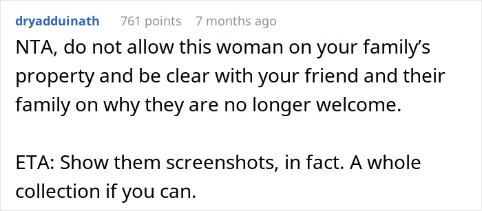 Text comment discussing advice for a woman considering canceling a friend's holiday booking after harassment by her brother’s girlfriend. Text comment discussing advice for a woman considering canceling a friend's holiday booking after harassment by her brother’s girlfriend.