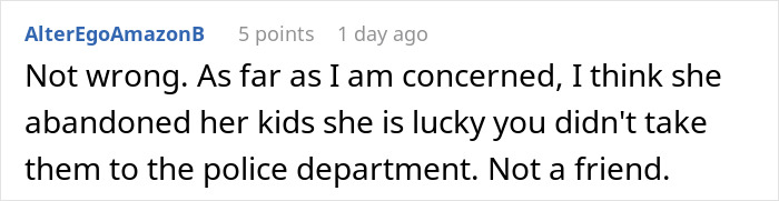 Screenshot of online comment discussing a mom asking her friend to babysit, then going missing for hours. Screenshot of online comment discussing a mom asking her friend to babysit, then going missing for hours.