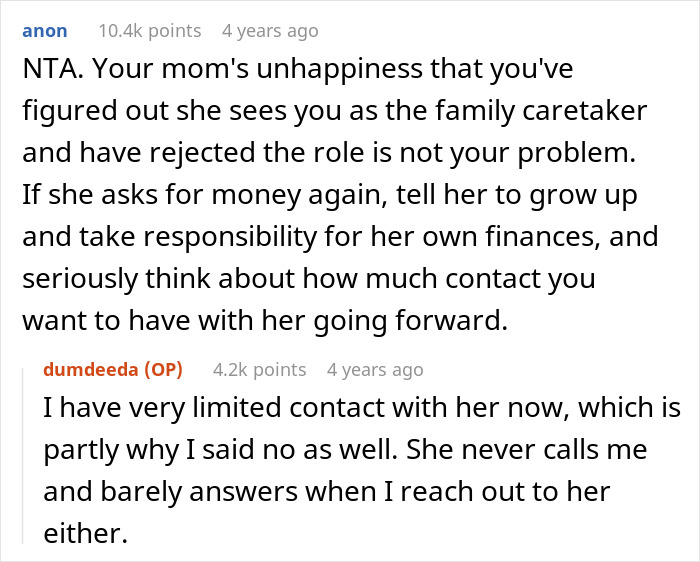 Screenshot of a Reddit conversation about siblings refusing support and the challenges of taking care of a mother. Screenshot of a Reddit conversation about siblings refusing support and the challenges of taking care of a mother.