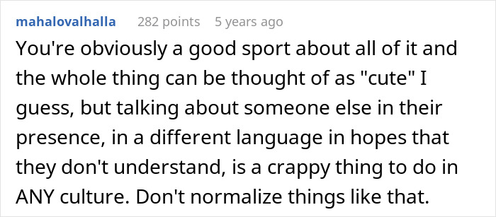 Comment discussing respecting husband parents’ native language and avoiding negative behavior in any culture. Comment discussing respecting husband parents’ native language and avoiding negative behavior in any culture.