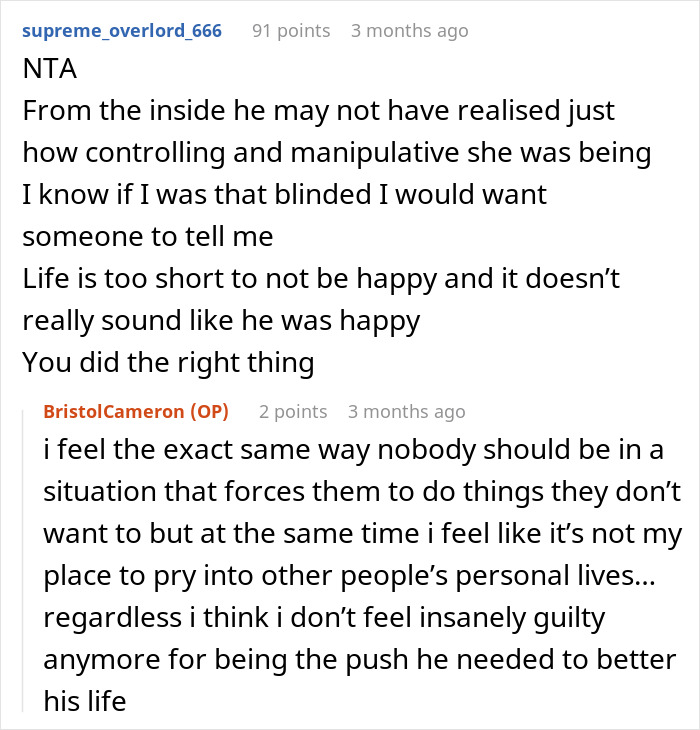 Reddit comments discussing fears a 23-year-old’s confrontation about wife’s behavior pushed a married coworker toward divorce.