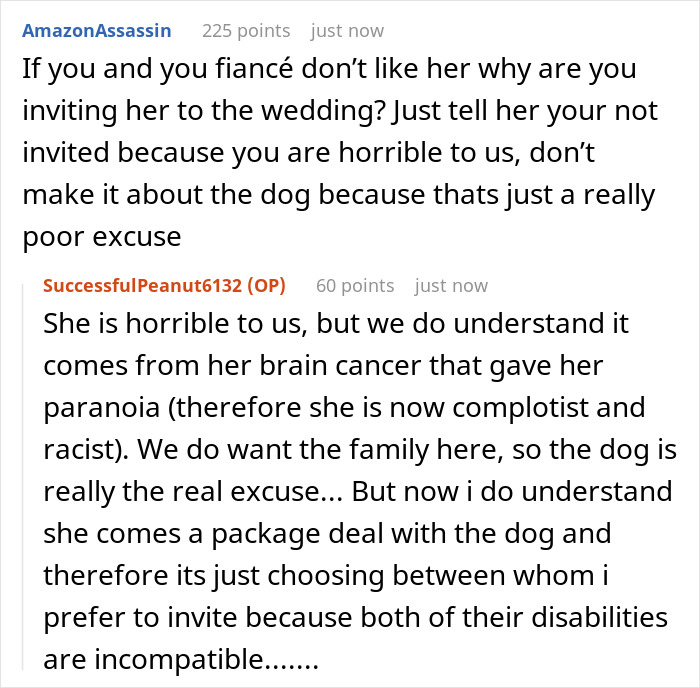 Reddit comments discussing a bride refusing her sister-in-law’s service dog at her wedding over family tensions.