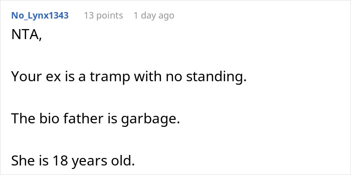 Alt text: Screenshot of online comment discussing mom furious over ex allowing stepdaughter to date despite bio-dad's refusal. Alt text: Screenshot of online comment discussing mom furious over ex allowing stepdaughter to date despite bio-dad's refusal.