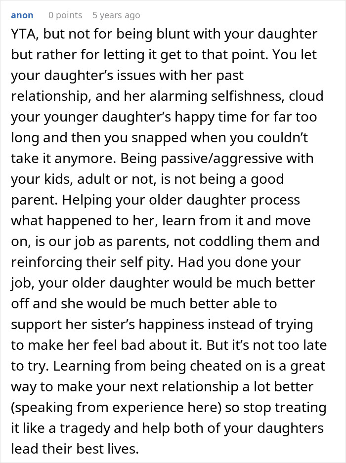 Comment discussing single sister struggling with sibling's engagement and issues of selfishness and family support. Comment discussing single sister struggling with sibling's engagement and issues of selfishness and family support.