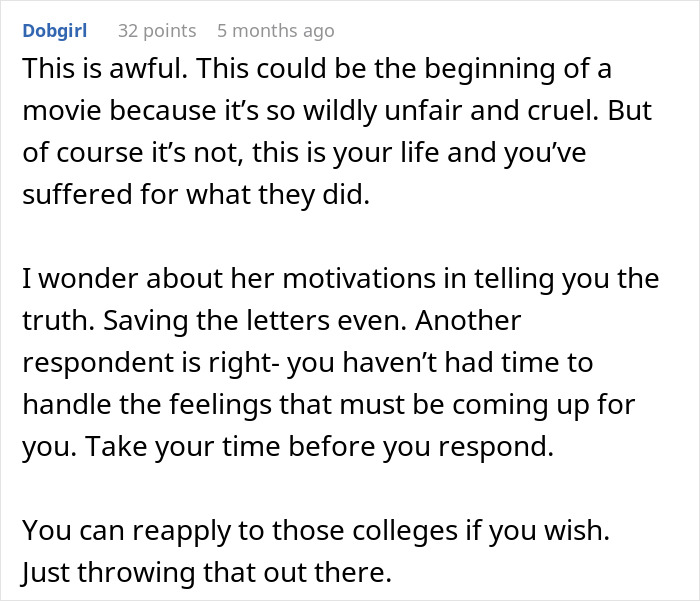 Comment discussing a mom admitting she hid college acceptance letters from least favorite kid and its emotional impact. Comment discussing a mom admitting she hid college acceptance letters from least favorite kid and its emotional impact.