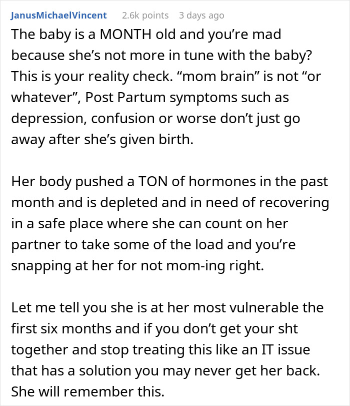 New mom struggles with postpartum symptoms while husband judges her efforts caring for their baby. New mom struggles with postpartum symptoms while husband judges her efforts caring for their baby.