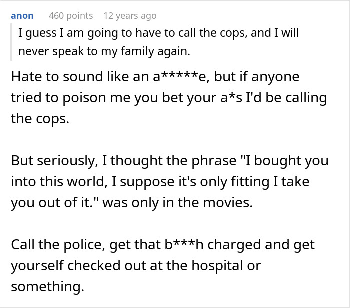 Text post discussing calling the cops and hospital if mother-poisoned-me, reflecting on serious family betrayal. Text post discussing calling the cops and hospital if mother-poisoned-me, reflecting on serious family betrayal.
