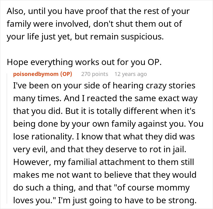 Reddit comment from user poisonedbymom discussing the emotional impact of betrayal by family and staying strong. Reddit comment from user poisonedbymom discussing the emotional impact of betrayal by family and staying strong.