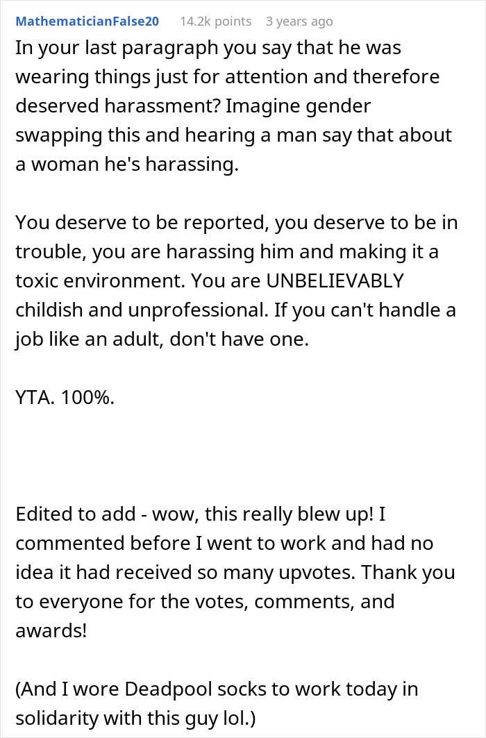 Text post discussing workplace harassment and unprofessional behavior mocking a coworker for colorful socks.