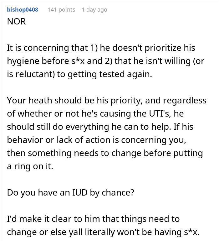 Screenshot of an online forum comment discussing partner’s infection risks and refusal to get tested before marriage. Screenshot of an online forum comment discussing partner’s infection risks and refusal to get tested before marriage.