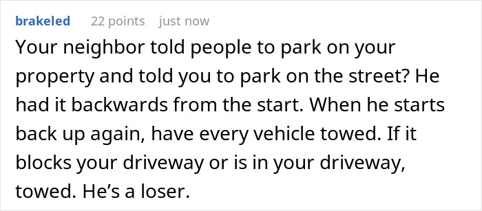 Text excerpt showing advice on towing vehicles blocking a nurse’s driveway used by neighbor without permission after a 12-hour shift. Text excerpt showing advice on towing vehicles blocking a nurse’s driveway used by neighbor without permission after a 12-hour shift.