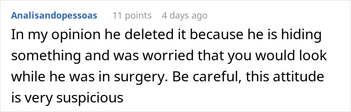 Comment text on a white background discussing suspicion and worry after checking husband’s phone during surgery. Comment text on a white background discussing suspicion and worry after checking husband’s phone during surgery.