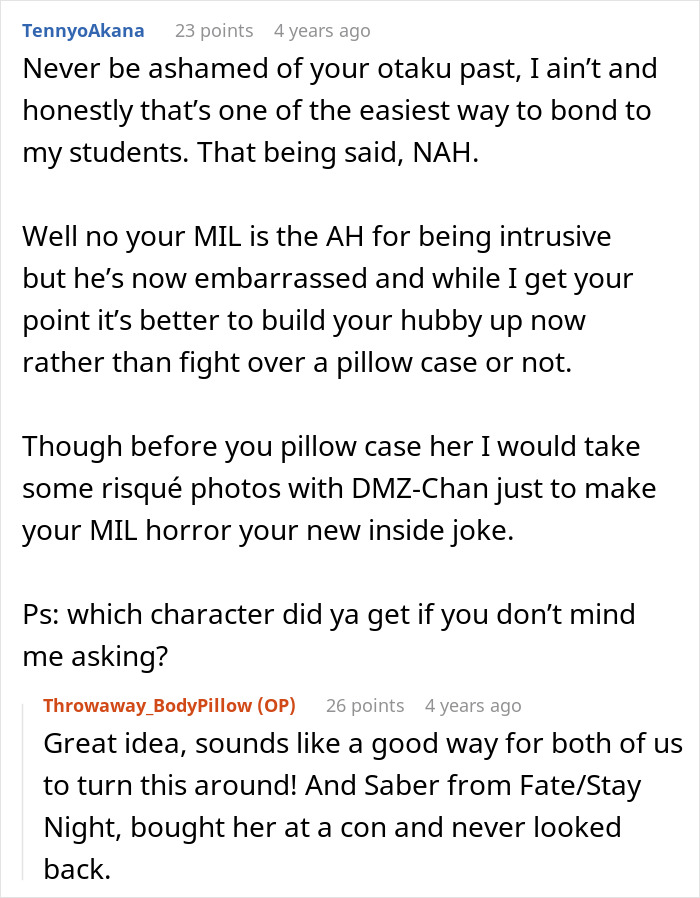 Comment discussion on a MIL thinking her son is in a throuple with his wife and an anime pillow without seeing harm. Comment discussion on a MIL thinking her son is in a throuple with his wife and an anime pillow without seeing harm.