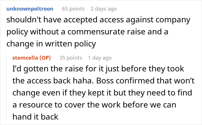 Screenshot of an online discussion where an engineer talks about access to software and related company policy issues. Screenshot of an online discussion where an engineer talks about access to software and related company policy issues.